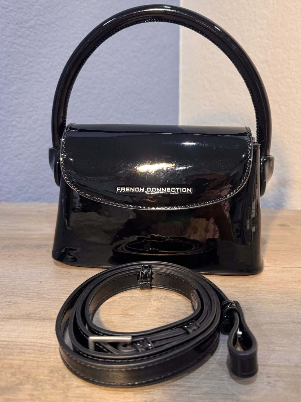 French Connection FCUK Black Patent Leather Kiss Lock Mini Top Handle Purse